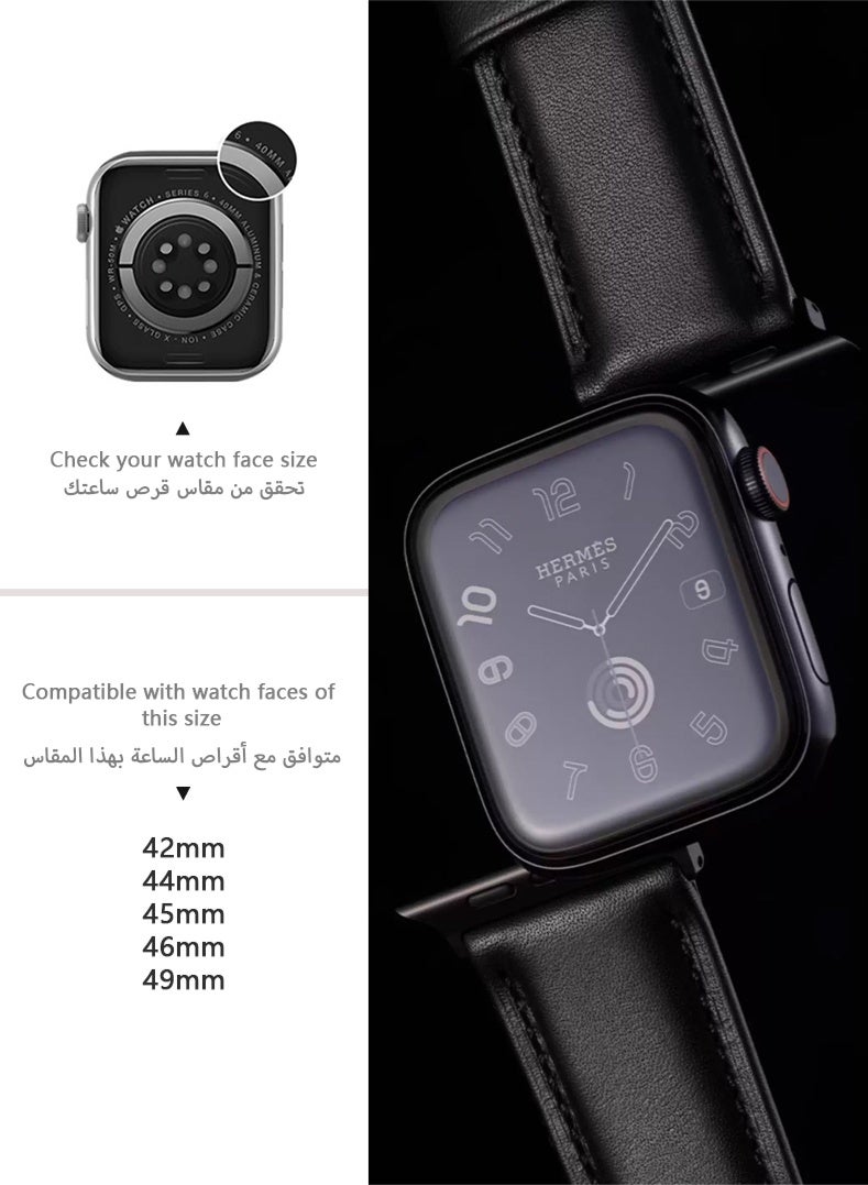 حزام أبل جلدي، 22مم أسود مميّز سادة، بطانة ناعمة، مقاوم للماء والاتساخ من الجانبين، إبزيم دبوس معدني أسود، متوافق مع سلسلة 1-11/SE/Ultra (42/44/45/46/49مم)، قطعة واحدة - Image 3